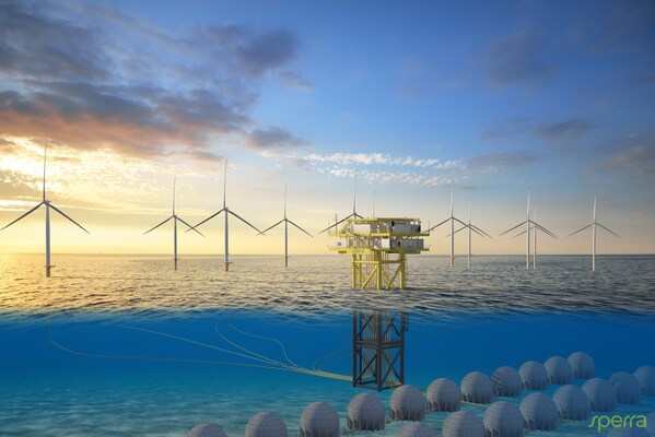 Artistic rendering of an SPSH storage park, connected to a substation and floating offshore wind farm. Source: Sperra